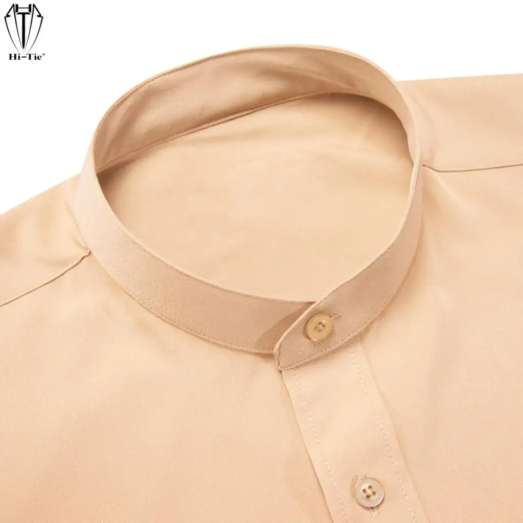 

Hi-Tie Apricot Beige Silk Mens Shirts Long Sleeve Mandarin Collar Jacket Coat Shirt Elegant Light Summer Spring Male Blouse Gift
