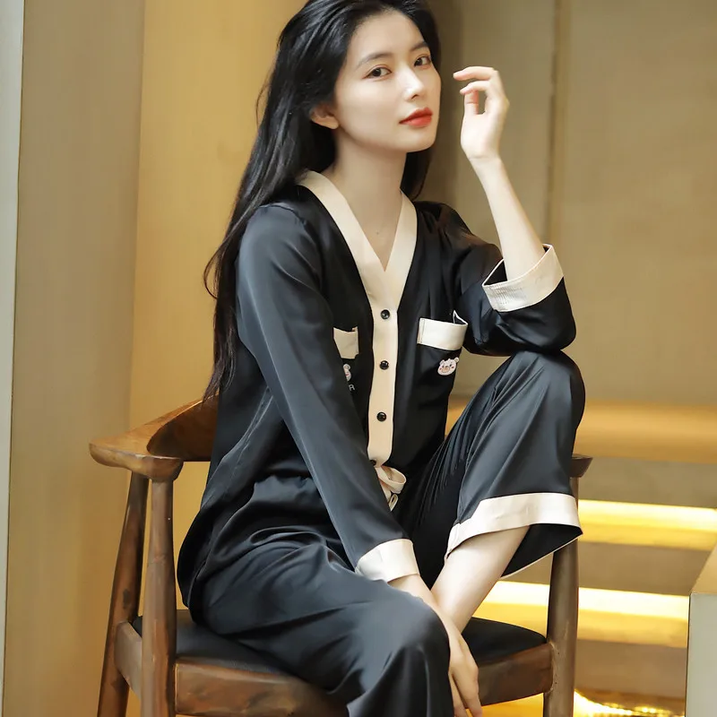 Spring and Summer Autumn Sexy Silk Pajamas Women's Long-Sleeved Trousers Suit Cardigan Large Size Fashion Casual Ice Silk Home W