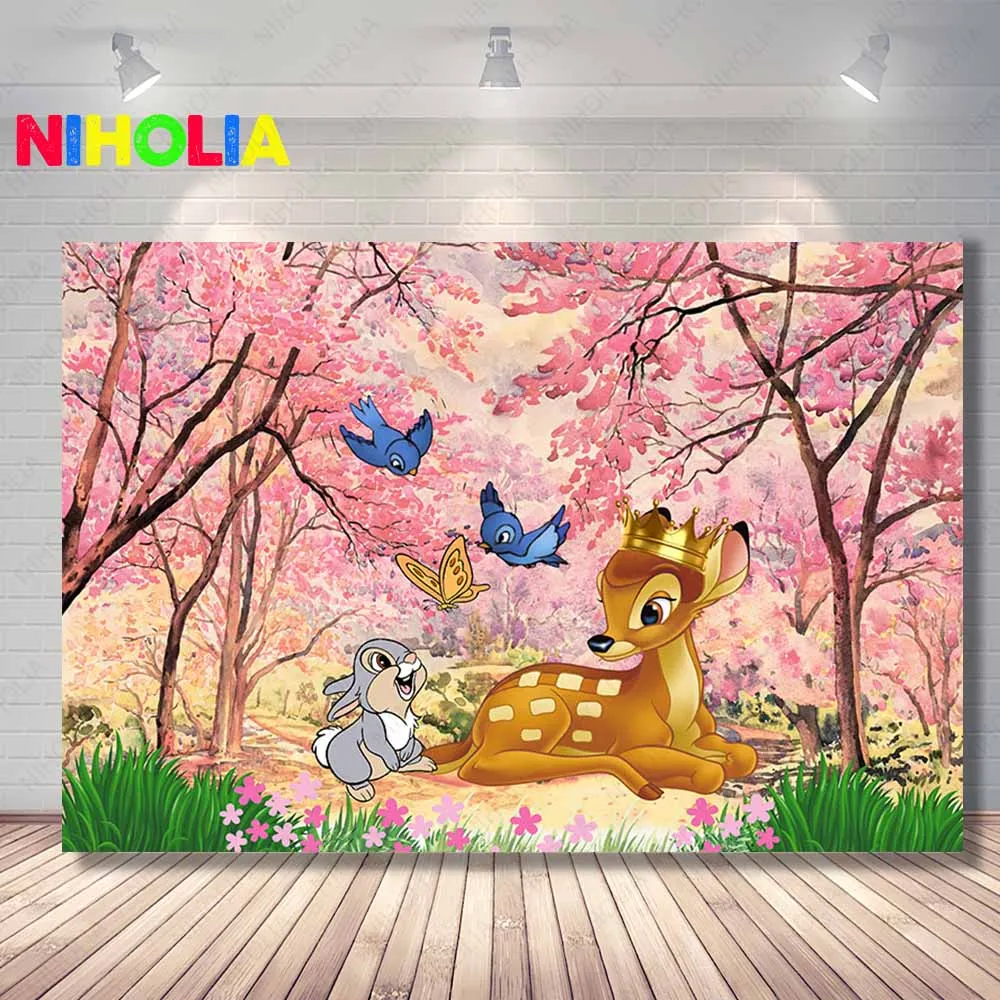 

Фон для фотосъемки с изображением короны Бэмби, цветов Диснея, девочек, фон на 1-й день рождения, кролик, птица, олень, детский душ, фото плакат