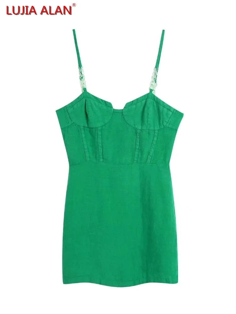 

Women Green Linen Chain Decoration Sling Dress Female Sleeveless Slim Mini Vestidos LUJIA ALAN WD121