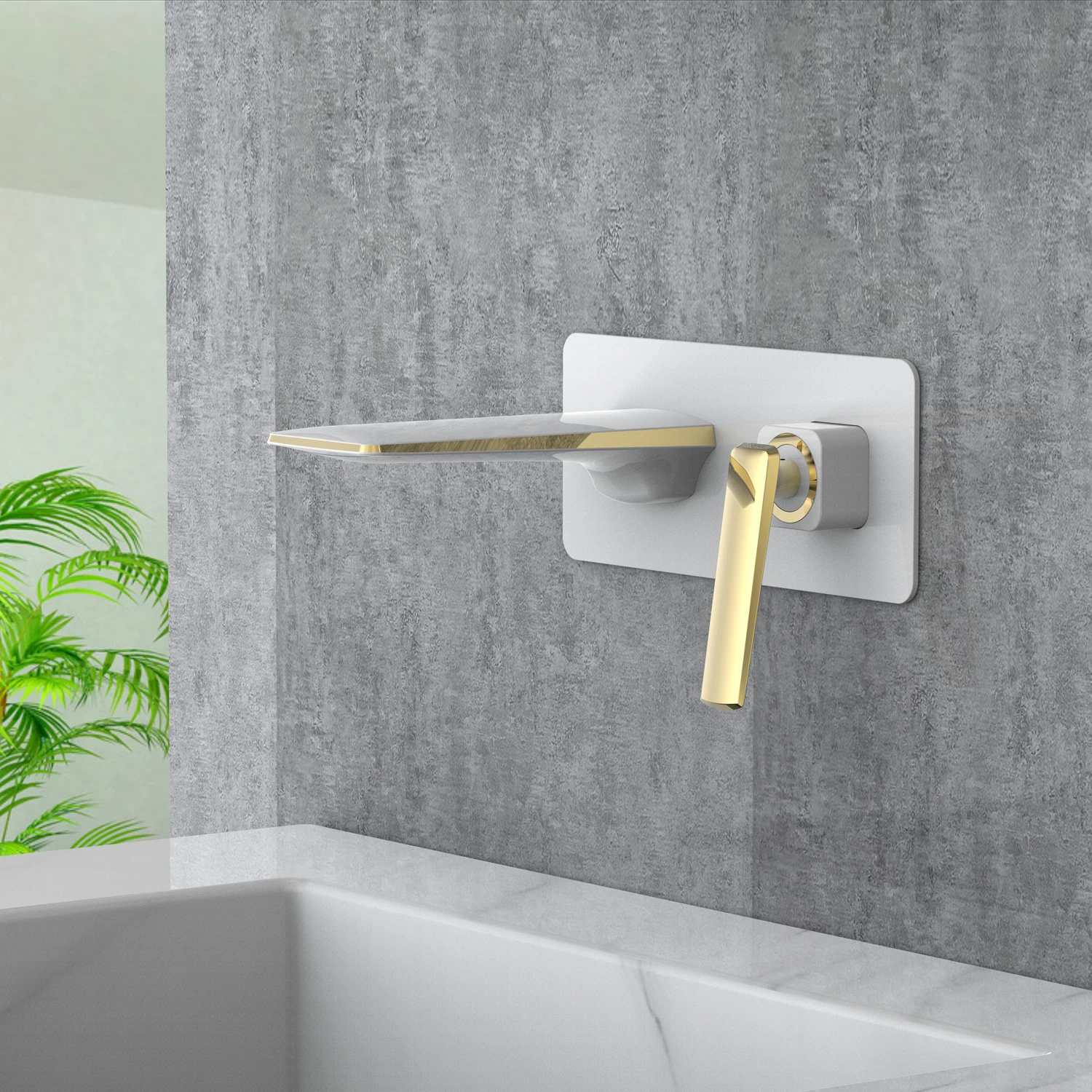 

Modern Hotel Luxury Brass White Gold Lever Handle Wall Mounted Mixer Faucets Bathroom Waterfall Sink Basin Faucet