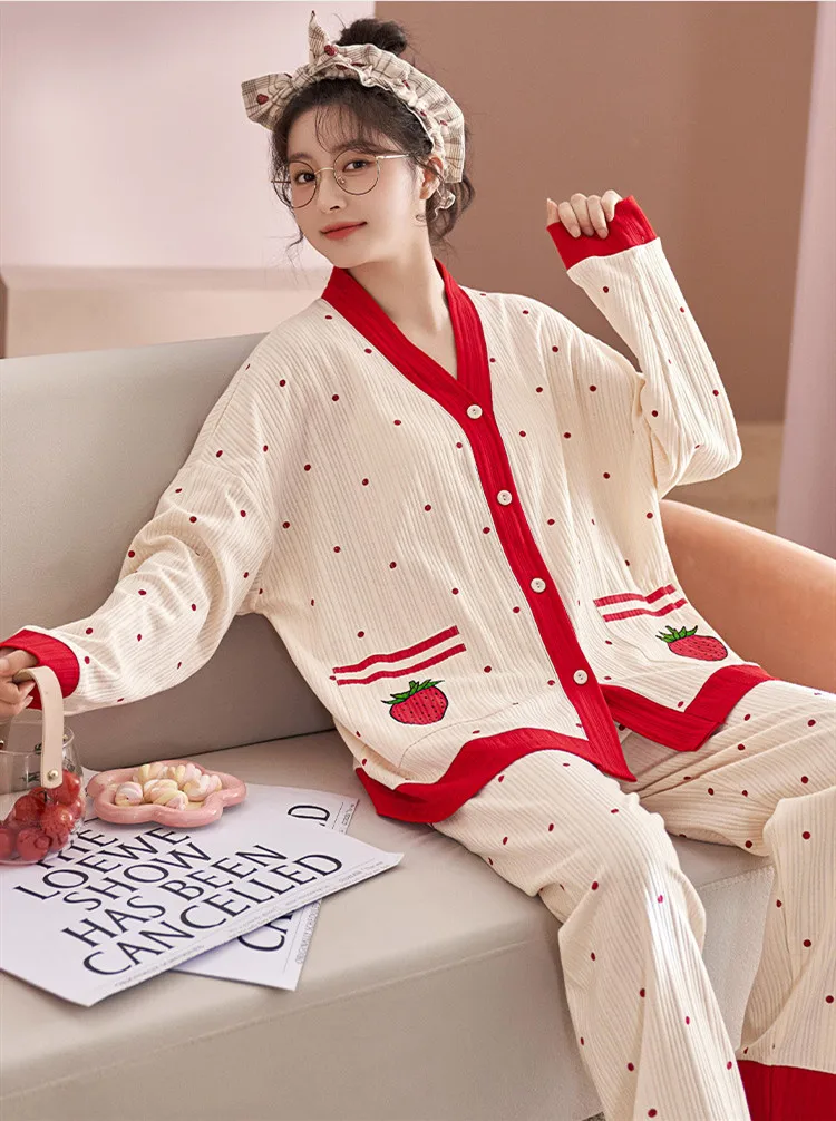 Yasuk Spring Autuum Fashion Women's Casual Print Pocket Sleepwear Homewear Cute Lovely Pajamas With Pants Soft Cotton Strawberry