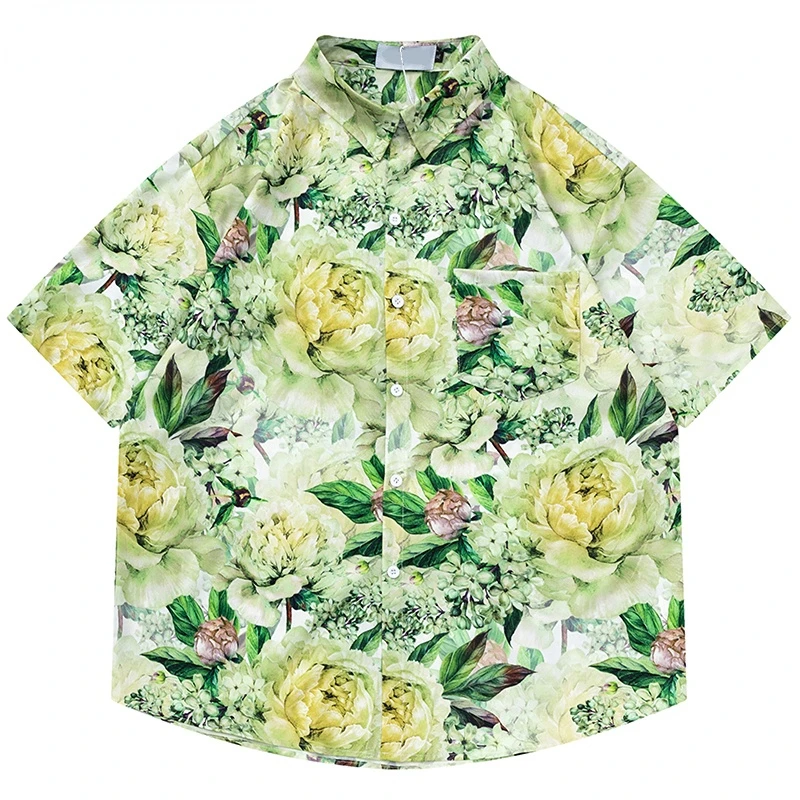 

Summer Men Button Hawaiian Beach Shirt Hip Hop Peony Flower Graphic Blouses 2023 Streetwear Harajuku Fashion Casual Aloha Shirts