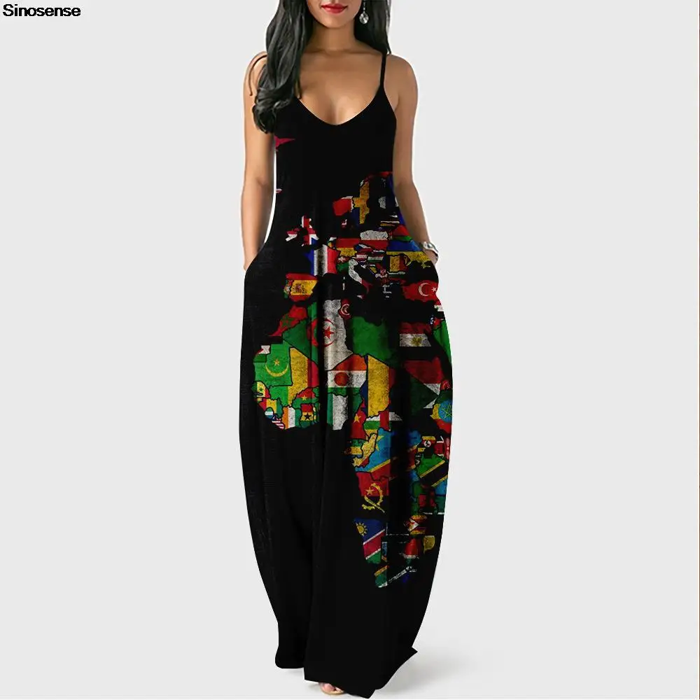 

Women's Causal Summer Dress Sexy V Neck Spaghetti Strap A Line Loose Beach Party Long Maxi Dresses World Map Print Vintage Dress