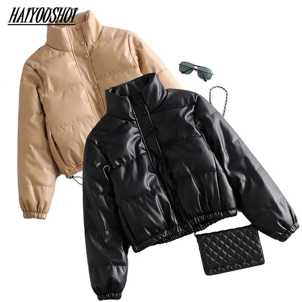 2022 Women PU Leather Parkas Fashion High Street Faxu Leather Coats Elegant Winter Thick Cotton Jackets Loose Outwear XS-XXL
