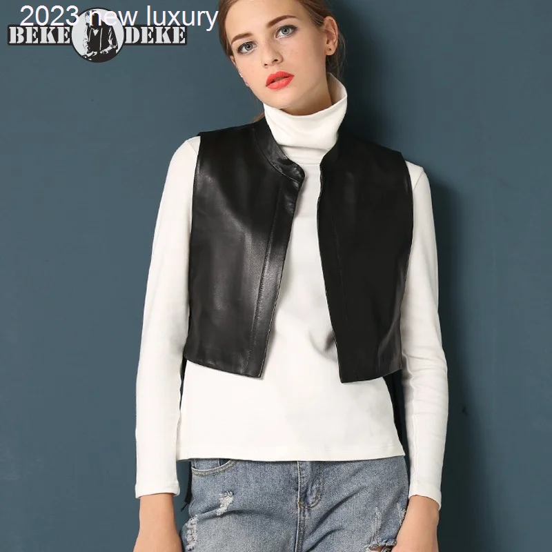 

Vest New Sheepskin Women Brand OL Stand Collar Slim Fit Sleeveless Jacket Street Casual Real Leather Short Waistcoat S-L