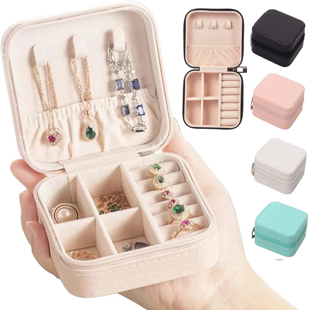 Portable Leather Jewelry Box Jewelry Organizer Travel Display Case Earring Necklace Ring Zipper Holder Leather Storage Box