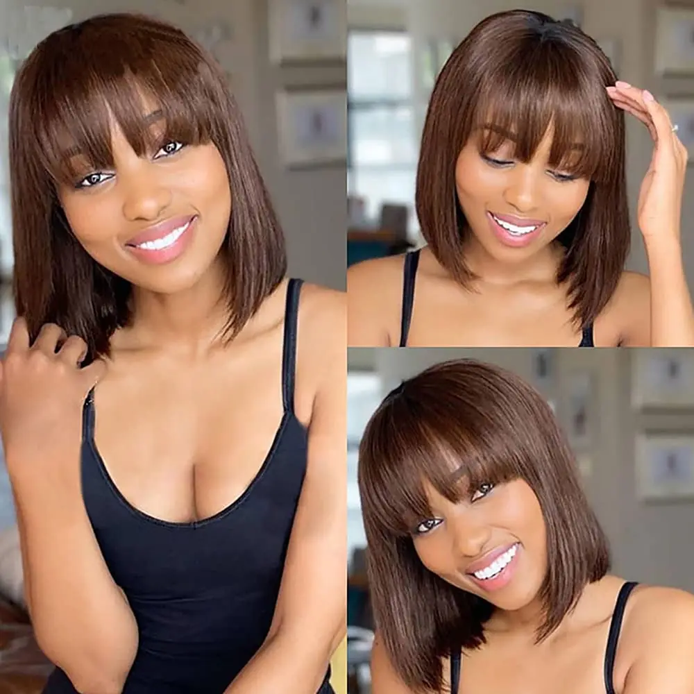 Long Straight Brown Wig With Bangs Fringe Bob Human Hair Wig With Bangs For Women Brazilian Remy Hair Glueless Full Machine Made