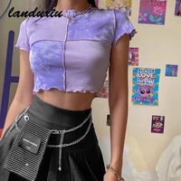 landuxiu women tie dye cropped top ruffle frill short sleeve tops patchwork t shirts round neck casual tees party summer clothes
