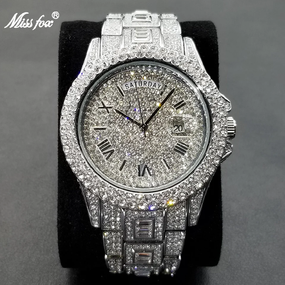 

MISSFOX Ice Out Day Date Men Watch Luxury Diamond Silver Clock Hip Hop Stainless Steel Dual Calendar Waterproof Watches 2021 New