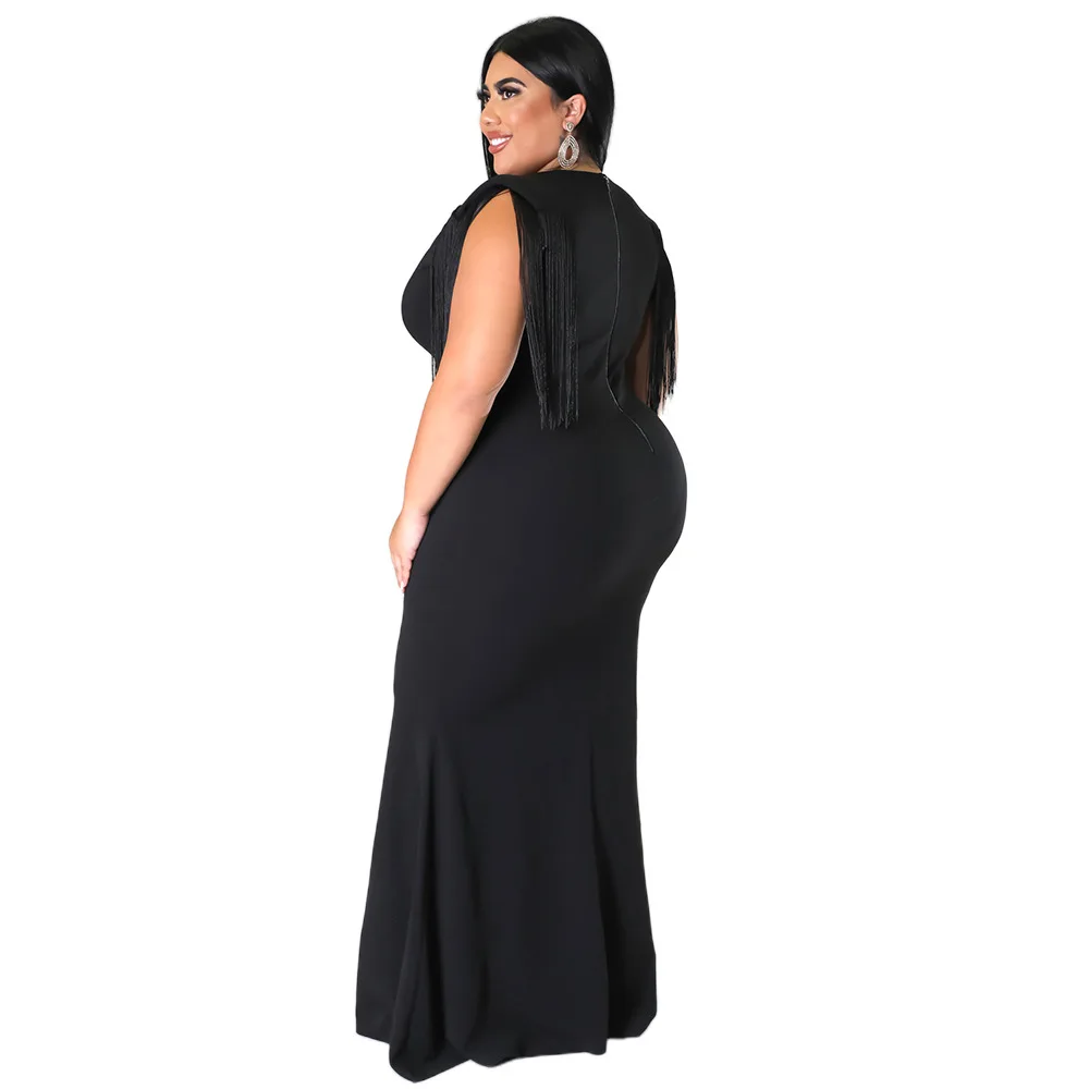 Women's Plus Size Dress Spring And Summer Temperament Commuter Solid V-neck Tassels Fashion Sexy Party Temperament Dress