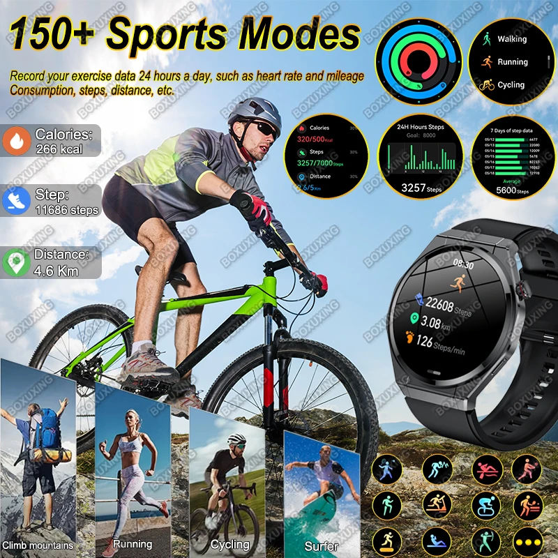 Фото Новые ультратонкие умные часы для мужчин HD AMOLED 150+Sport GPS Track Always Show Time Monitor здоровья BT Call IP68 Водонепроницаемые умные часы №4
