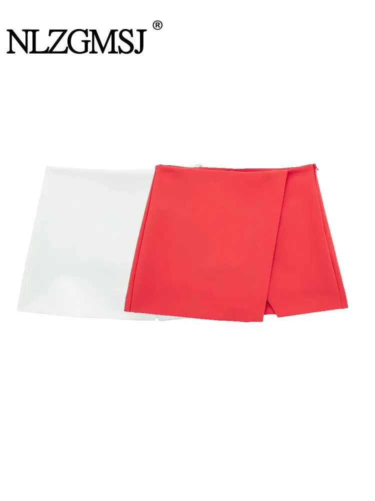 

Nlzgmsj TRAF Women Fashion 2023 Casual Mini Asymmetrical Skirts Shorts High Waist Wide Leg Skirts Zipper Female Shorts