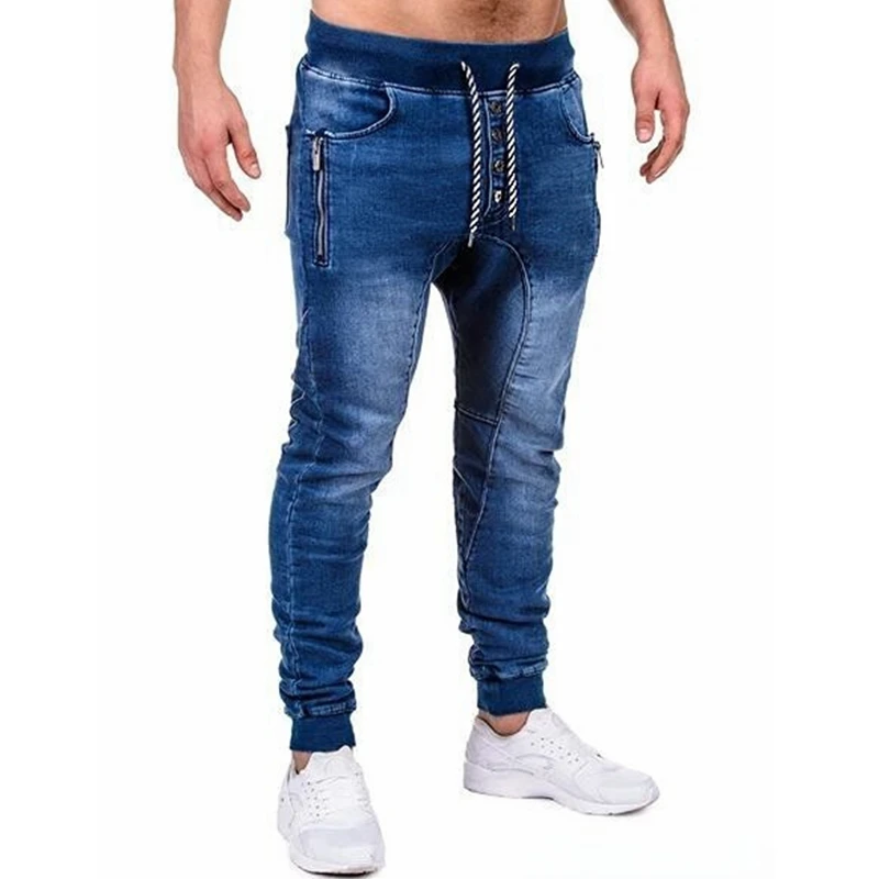 Men Jeans Streetwear Vintage Jeans Spring Solid Pocket Single-Breasted Denim Pencil Pants Men Lace-up Mid Waist Sports Jeans