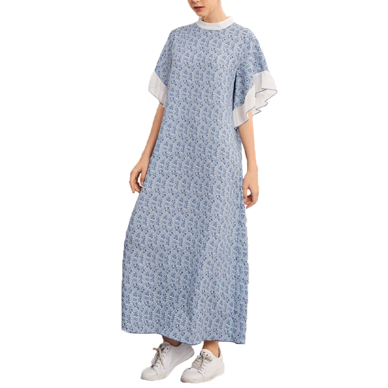 

Women Dress Summer Simple O Neck Floral Print Flare Short Sleeve Loose Lady Clothes Chiffon Casual Street Wear Female Apparel