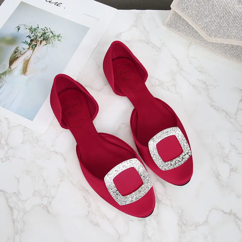 Designer Flat Shoes Women Loafers Satin Rhinestone Square Buckle Party Dress Shoes Sexy Wedding Shoes 2023 New Zapatos De Mujer