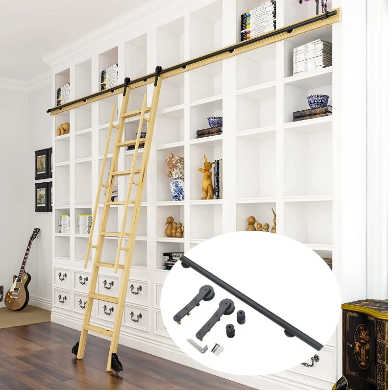 

16FT(488cm) Black Steel Rolling Library Ladder Hardware kit, Barn Style Sliding Track No Ladder,No Floor Roller,for Home/Indoor
