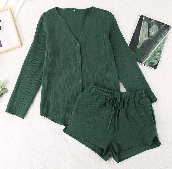 

Two Piece Set Women Outfit 2023 Summer Fashion Double Layer V Neck Pocket Long Sleeve Shirt & Drawstring Home Shorts Pajama Set