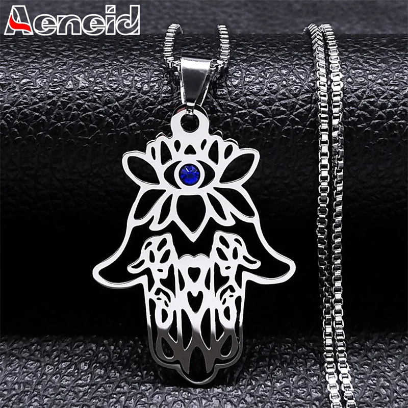 Vintage Hamsa Hand Lotus Flower Necklace for Women Men Stainless Steel Arabic Hand of Fatima Amulet Islam Necklaces Jewelry Gift