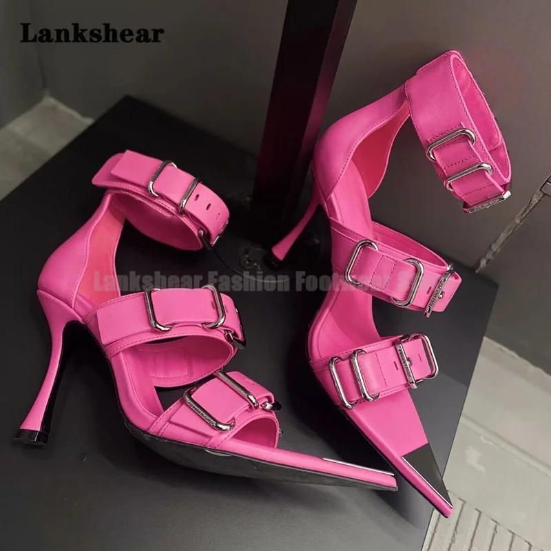 

Rosy Red Pointed Toe Metal Strap High Heels Women Summer New Cool Belt Buckle Personality Roman Sandals New Shoes Party Sandals