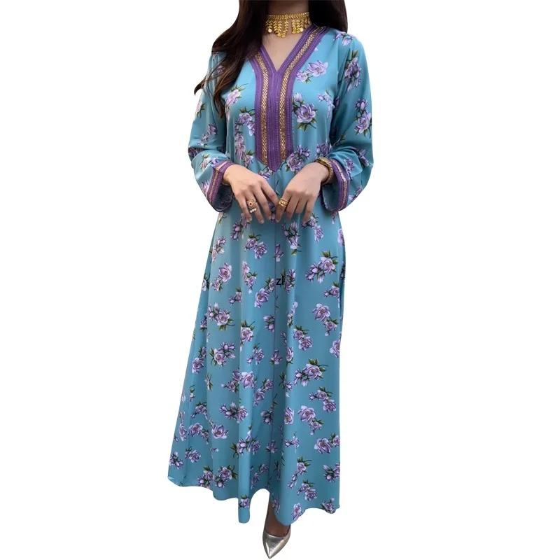 

Женское платье макси с V-образным вырезом, длинным рукавом и цветочным принтом