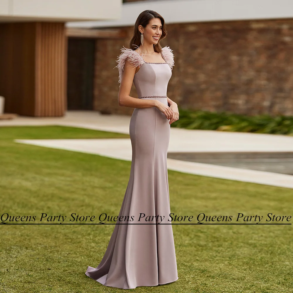 Женское вечернее платье-Русалка со шлейфом квадратным вырезом и жемчугом