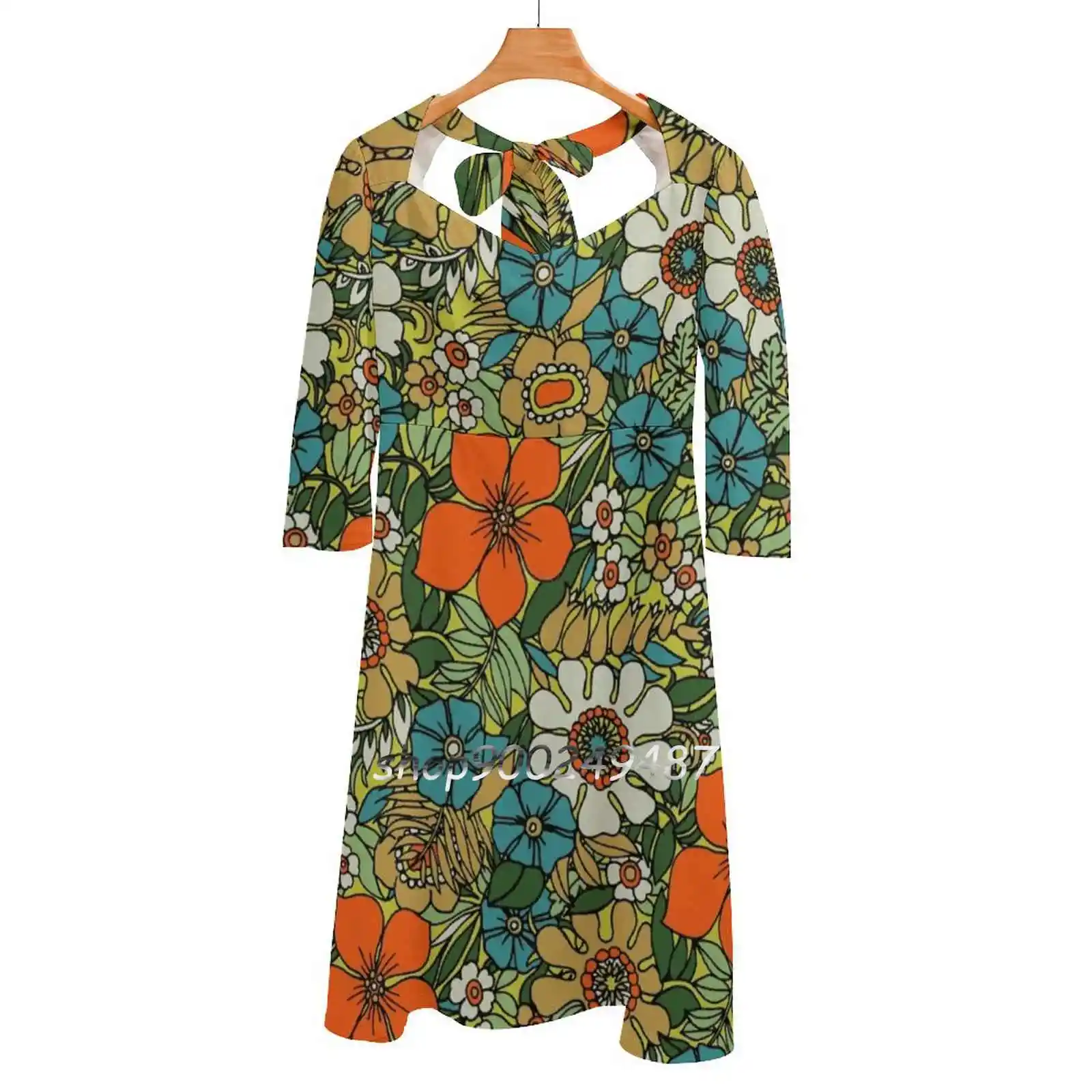 

70S Plate Square Neck Dress Sweet Summer Dress Women Elegant Halter Print Dress Retro Vintage Bouquet Flowers Floral Orange