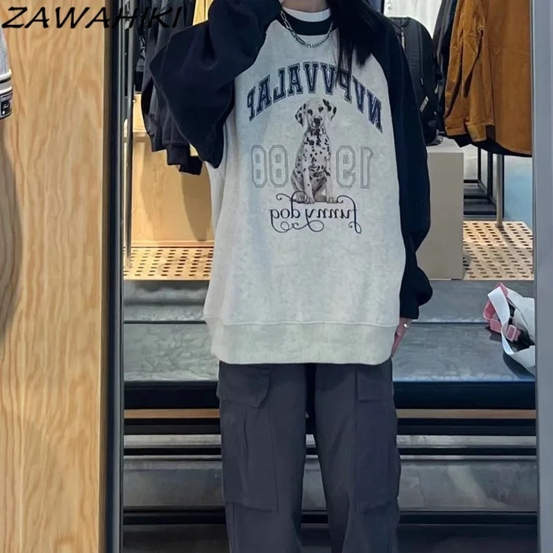 

Топ реглан контрастных цветов в стиле Харадзюку, винтажные толстовки в стиле пэчворк с длинным рукавом, Осенний Женский пуловер в эстетике ...