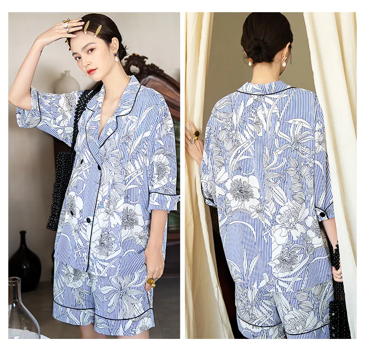 Striped flower ice silk pajamas women's summer thin short-sleeved shorts suit woman pijama set nightwear women