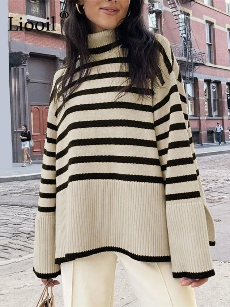 Black And White Stripe Sweater Streetwear Loose Tops Women Pullover Female Jumper Long Sleeve Turtleneck Knitted Ribbed Sweaters