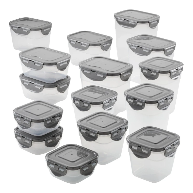 

30-Piece Leak- Stacking Food Storage Container Set, Gray Lids
