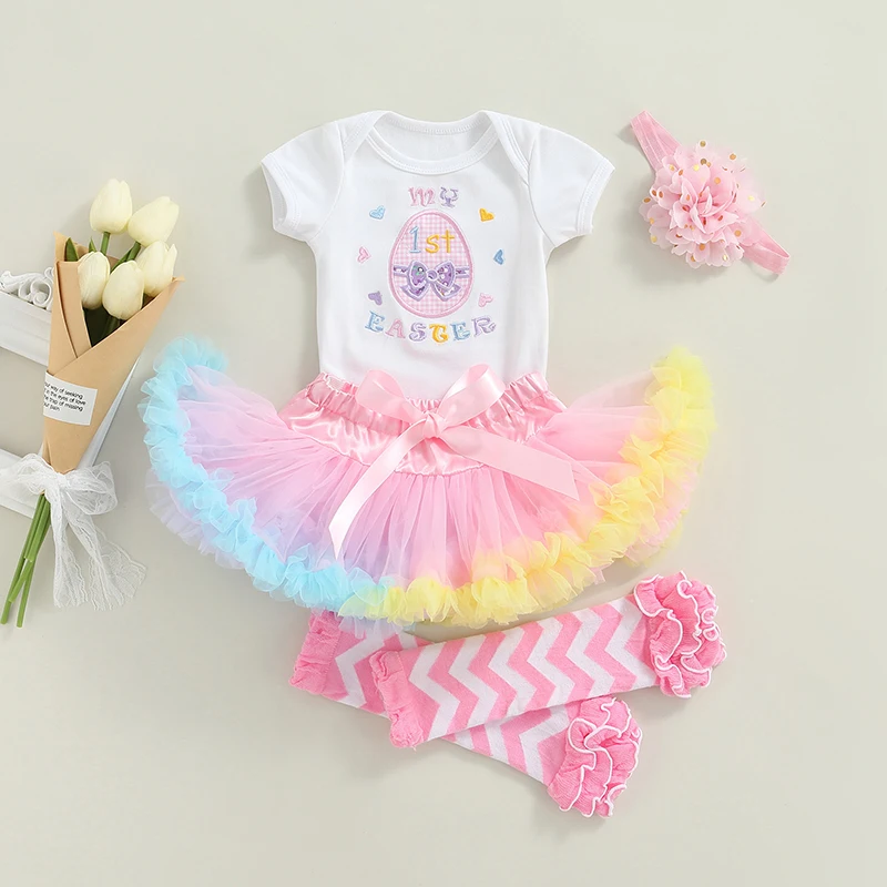 

Newborn Girl Easter 4Pcs Outfits, Short Sleeve Romper + Colorful Princess Tulle Skirt + Waves Leg Warmers + Hairband, 0-18M