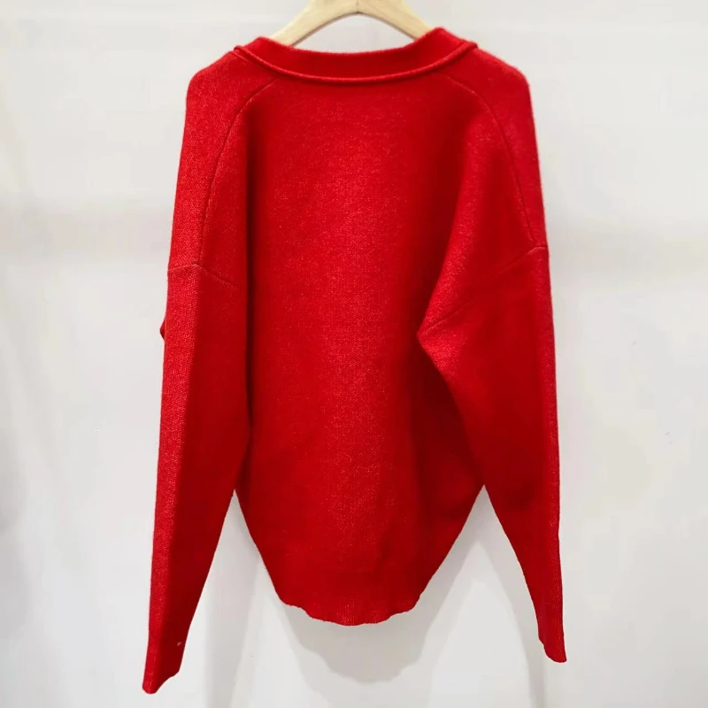

2023 Autumn New Women Single-breasted Letter V-neck Loose Knitted Cardigan