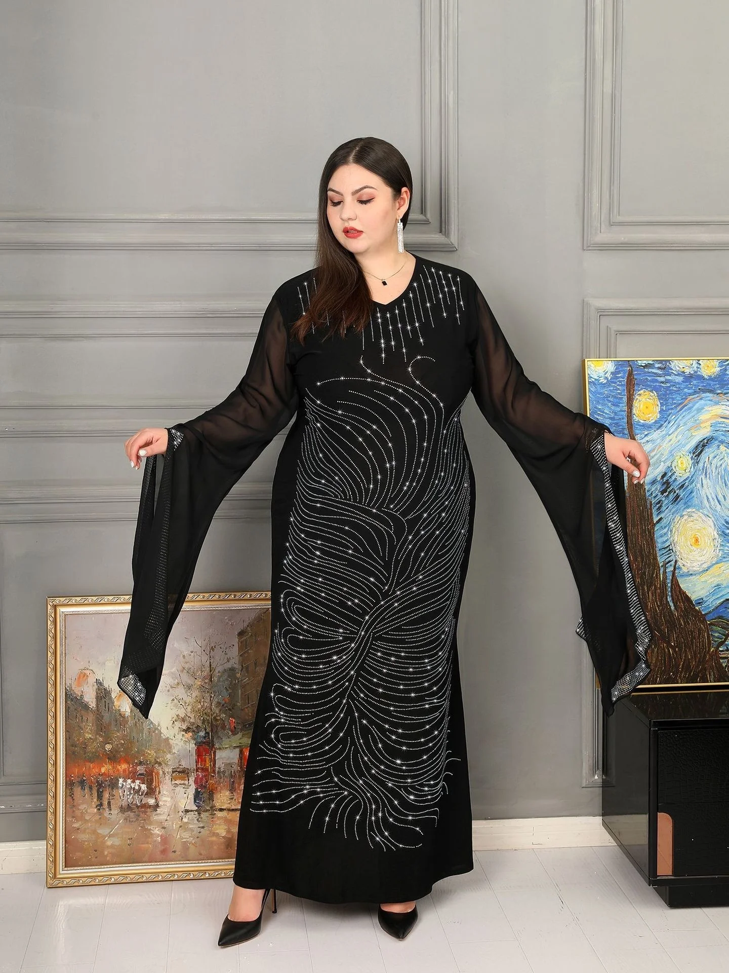

Arab Abaya For Women V-neck Super Long Sleeve Gown Women Muslim Costume Elegant Party Long Dress Fashion Female Clothing