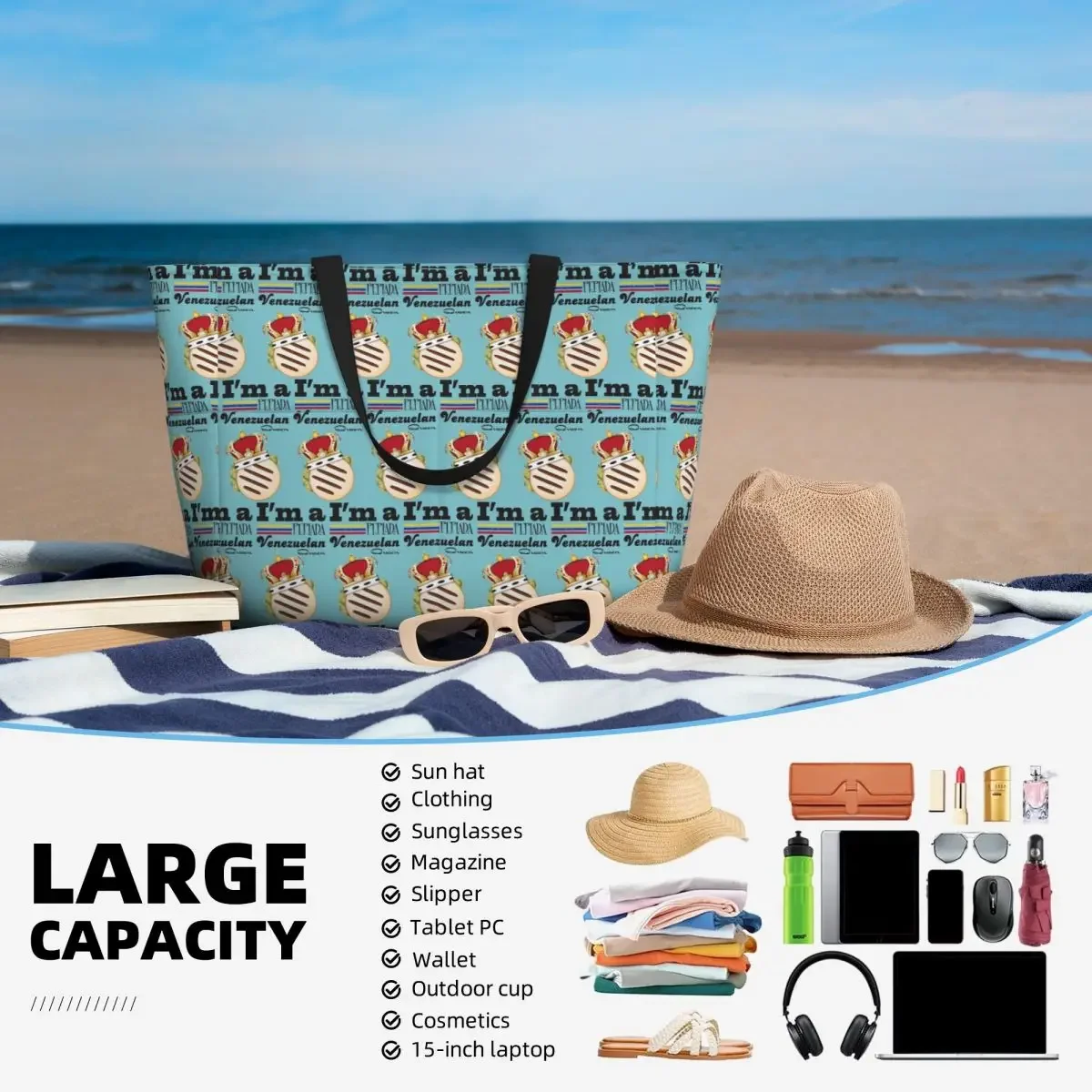 Фото Спортивная сумка-тоут Arepa Venezuela Im A Pepiada Venezuelan Queen Beach Tote Bag для фитнеса, йоги, путешествий, большая женская сумка для спортзала №5