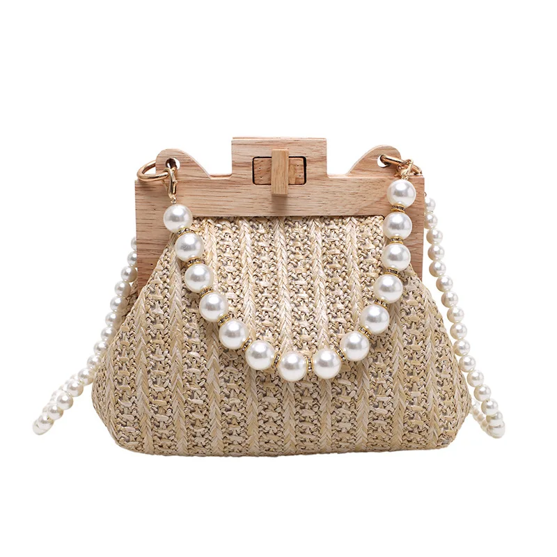 

Knitting Shoulder Handbag Women's Bag 2022 Trend Female Fashion Wood Lock Pearl Luxury Designer Bags for Women Crossbody Tote