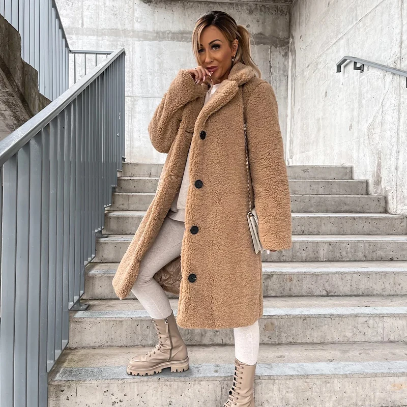 Mid-length Woman Faux Fur Coat 2022 Warm Thick Fluffy Women Outerwear Lapel Long Sleeve Female Teddy Bear Jacket Casual Winter