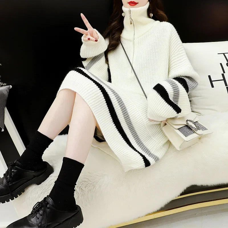 Платье-свитер-поло/черепашковый вырез больших размеров утепленная вязаная