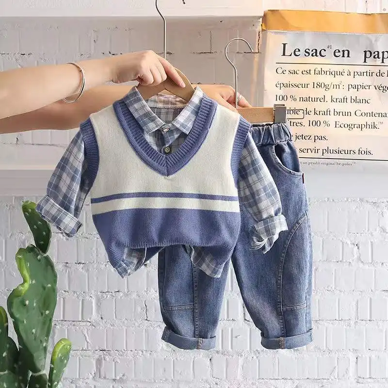 OLEKID 2023 Spring Autumn 3PCS Children Boys Clothing Set Girls knitted Vest Coat Cotton Shirt Jeans Pants Baby Boy Clothes Suit