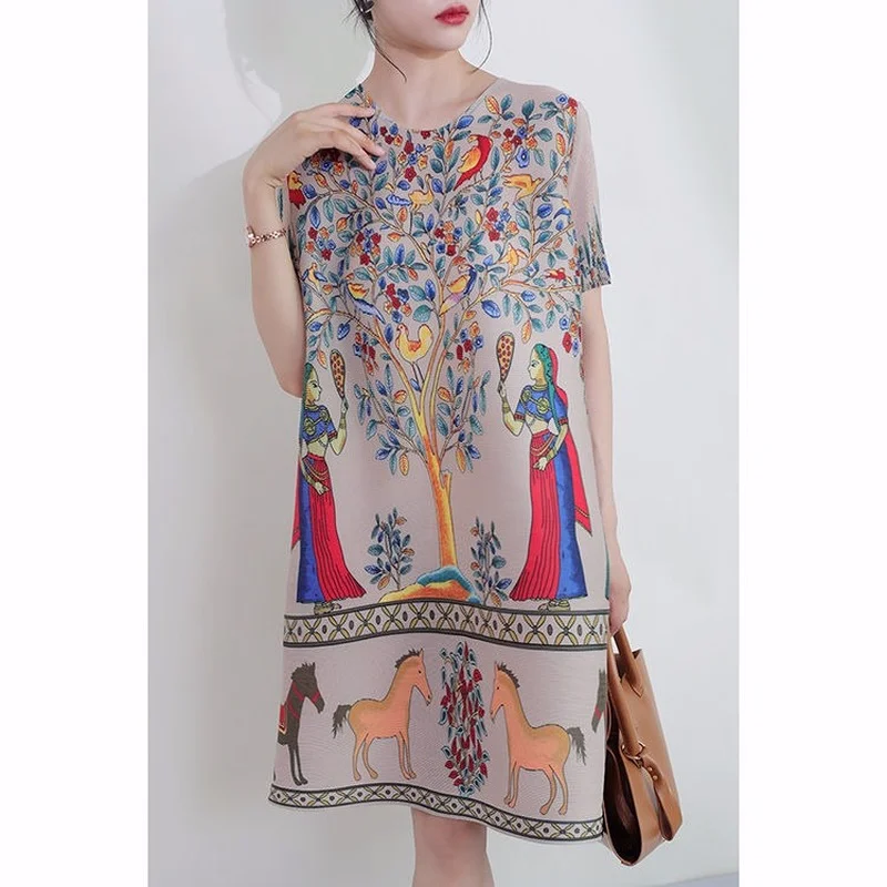 Woman casual dress 2023 Summer new loose A word dress female pleated fashion temperament European exotic style print skirt