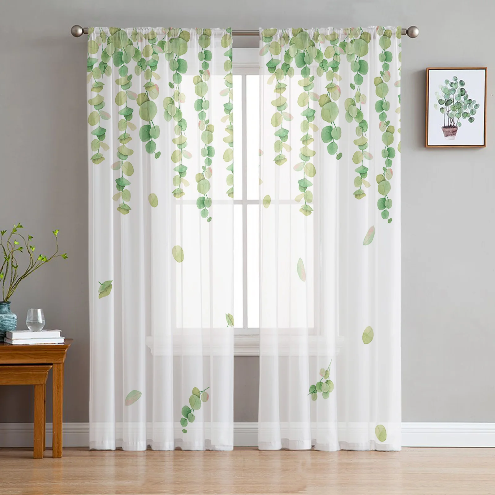 

Watercolor Eucalyptus Leaves Plant Green Tulle Sheer Curtains for Living Room Decoration Bedroom Kitchen Voile Window Curtain