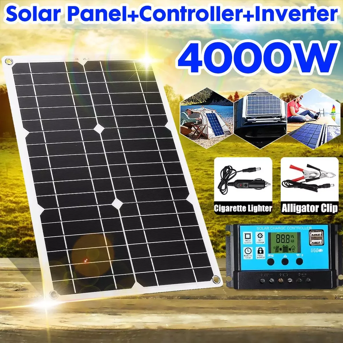 

Solar Power System 20W Solar Panel Battery Charger 4000W Solar Inverter Complete Kit Solar Controller 30A/40A/50A/60A