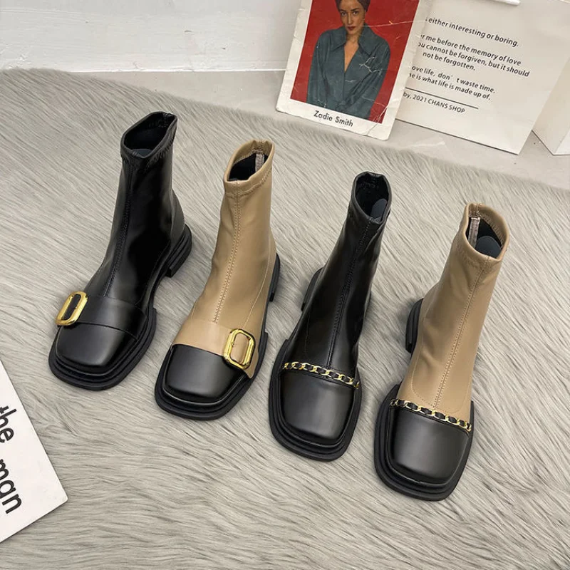 

Short Boots Women Shoes Fashion Square Toe Belt Buckle Ladies Shoes Thick-heeled Non-slip Martin Boots 2022 New Botas De Mujer