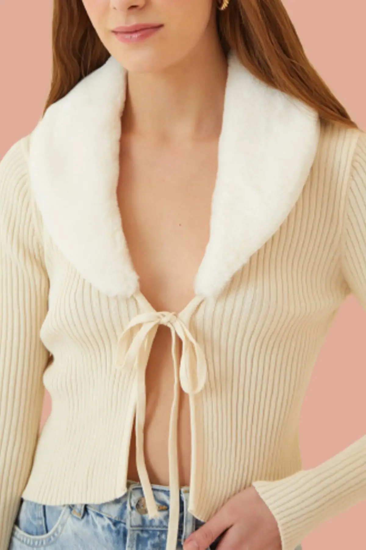 

Women's Cardigan White Fur Collar Tied Crop Casual Knitted Quality Fashion Cardigan Sweaters Loose Sweater Sweater Jumper