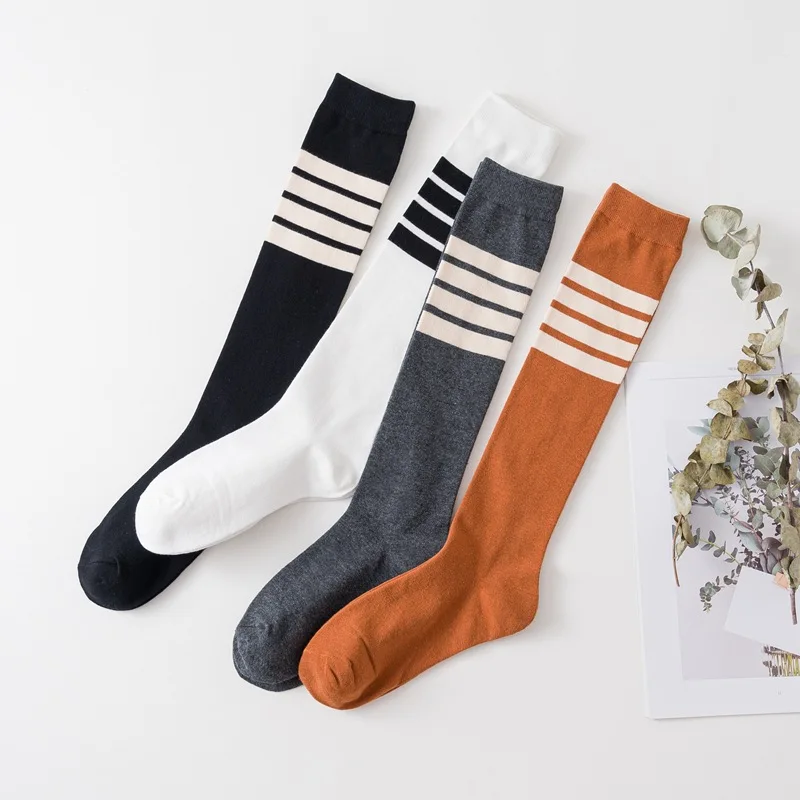 Women Female Cotton Knee High Socks Striped Stockings Black White Casual Sport Long Calf Socks Cute Japanese Style Korea Fashion