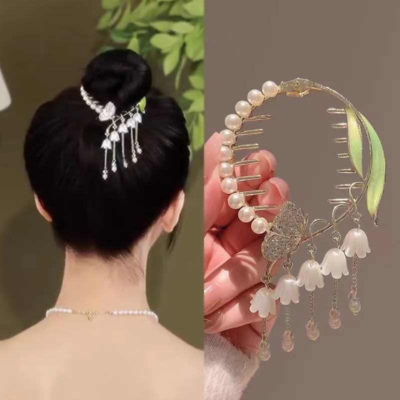 

Retro Bell Orchid Flower Fringe Ponytail Buckle Hair Clip Female Korean Coiffure Hair Card Grip Clip Elegant Hair Accessories