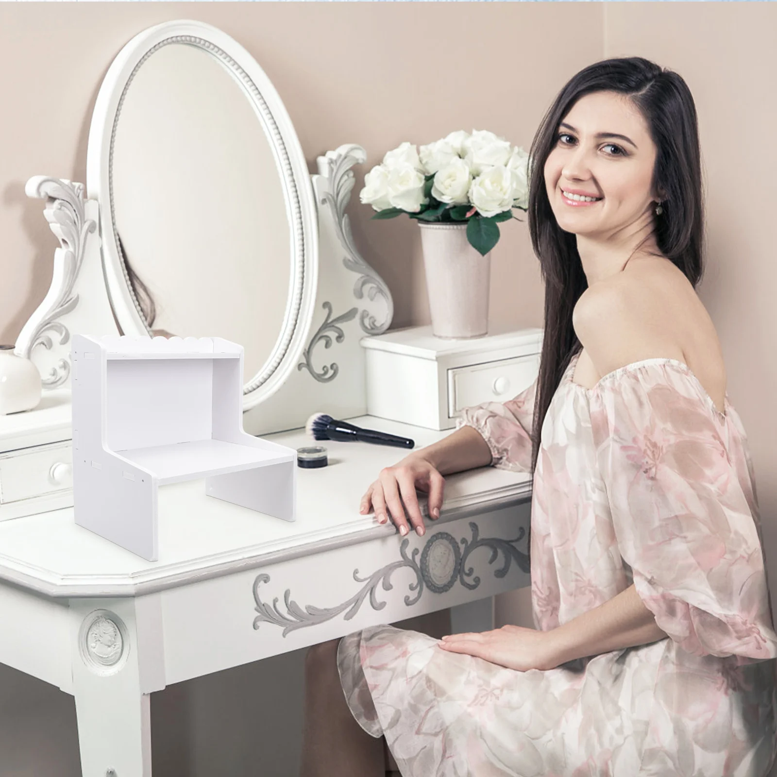 

Desktop Wood Rack Plastic Storage Shelf Double Layered Rack Wooden Desk Holder Home Supplies White Desktop Office