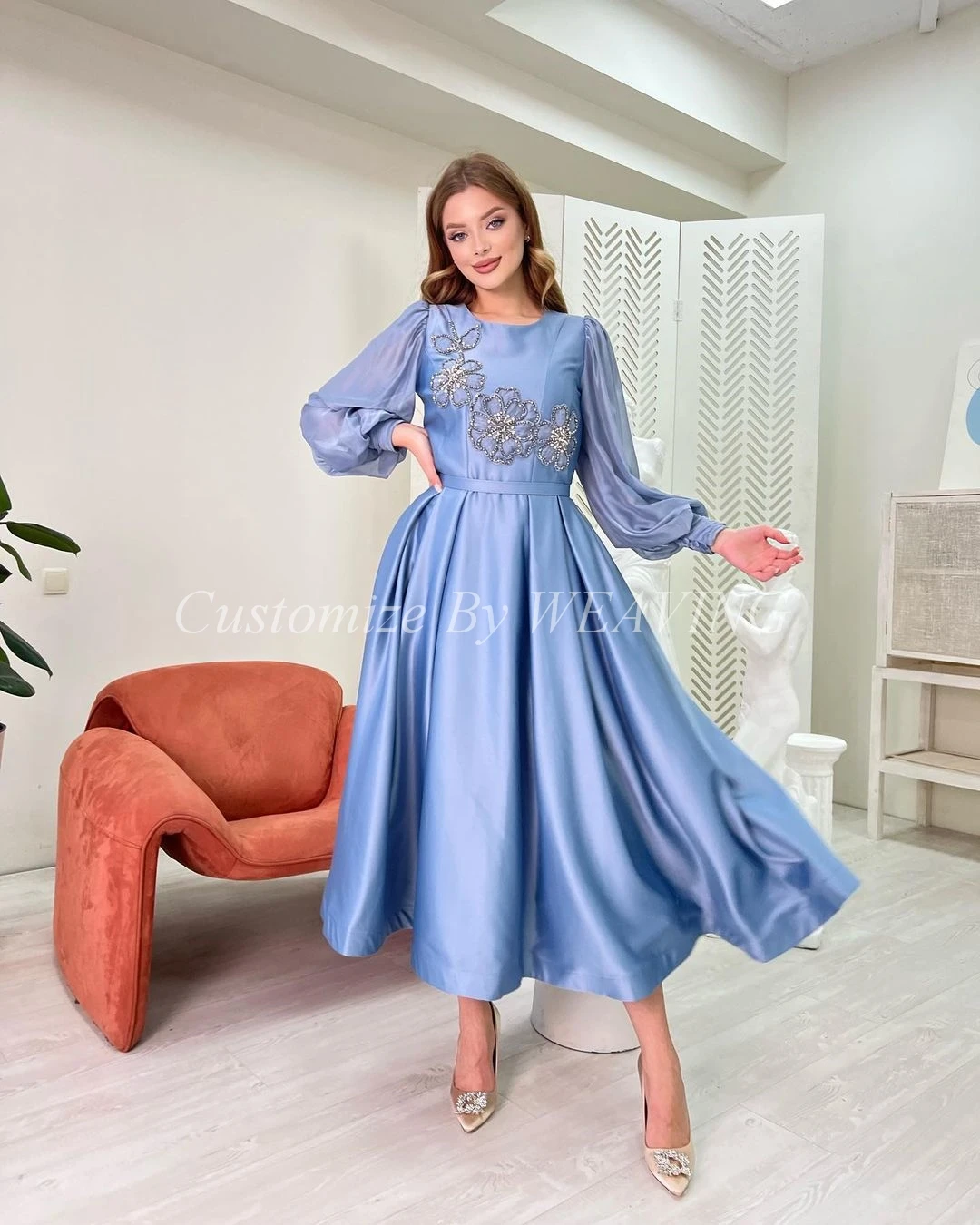 

Smoke Blue Long Puff Sleeves Prom Dresses A-Line O-Neck Beadings Ankle Length Saudi Arabia Women Evening Party Dress