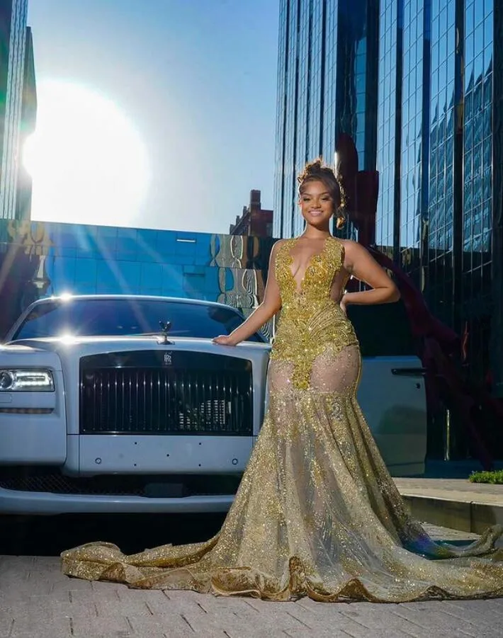 Gold Sparkly Mermaid Long Evening Formal Dresses Luxury Diamond Gillter Sheer Customsized Prom Birthday Gown