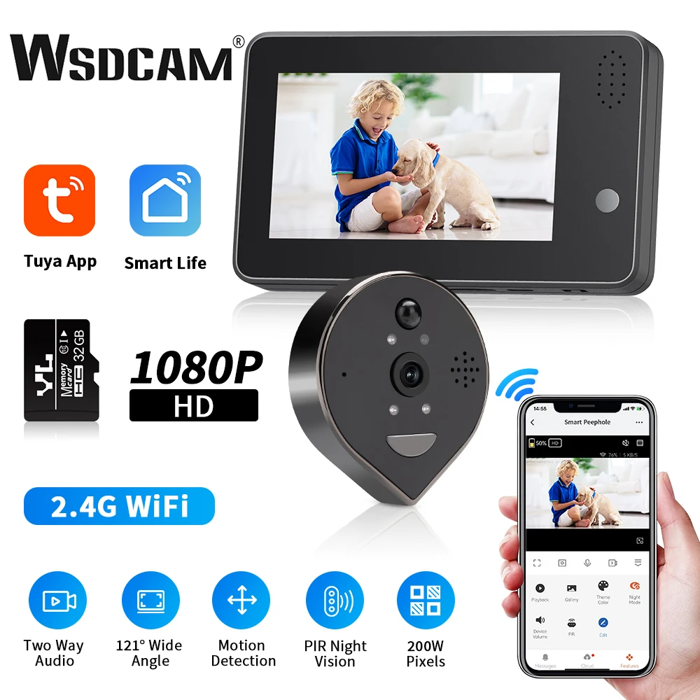 

Wsdcam 4.3 inch LCD Video Doorbell Two-way Intercom Peephole Camera Wireless Door Viewer 121 Degree Door Eye Audio Doorbell